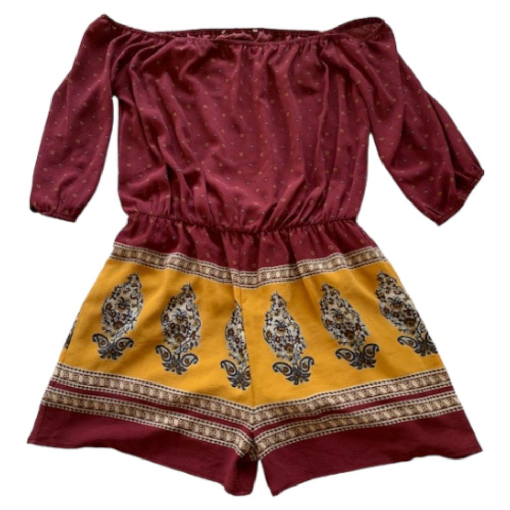 Burgundy & Mustard Printed Romper Size Large